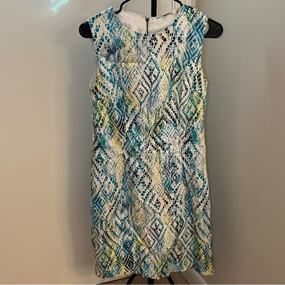 T Tahari Blue and Green Geometric Midi Dress